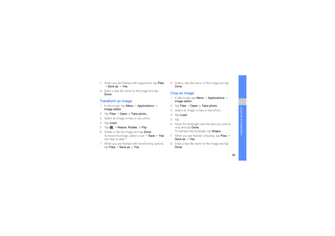 Samsung SGH-D980ZKAVTL, SGH-D980ZKATMC, SGH-D980ZKASKZ, SGH-D980XNAXEV, SGH-D980ZKAFPT manual Transform an image, Crop an image 
