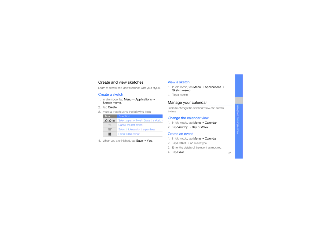 Samsung SGH-D980ZKATMC, SGH-D980ZKASKZ, SGH-D980ZKAVTL, SGH-D980XNAXEV manual Create and view sketches, Manage your calendar 