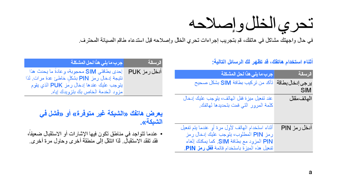 Samsung SGH-D980ZKASKZ, SGH-D980ZKATMC manual هحلاصإو للخلا يرحت, يف لشف« وأ »ةرفوتم ريغ ةكبشلا« كفتاه ضرعي »ةكبشلا 