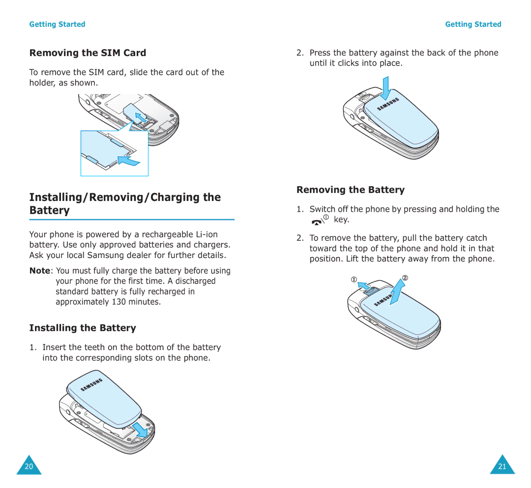 Samsung SGH-E700A manual Installing/Removing/Charging the Battery, Removing the SIM Card, Installing the Battery 