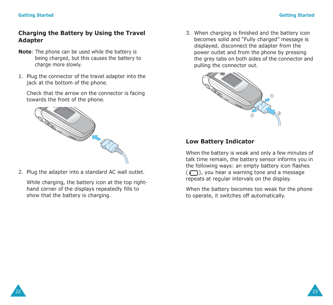 Samsung SGH-E700A manual Charging the Battery by Using the Travel Adapter, Low Battery Indicator 