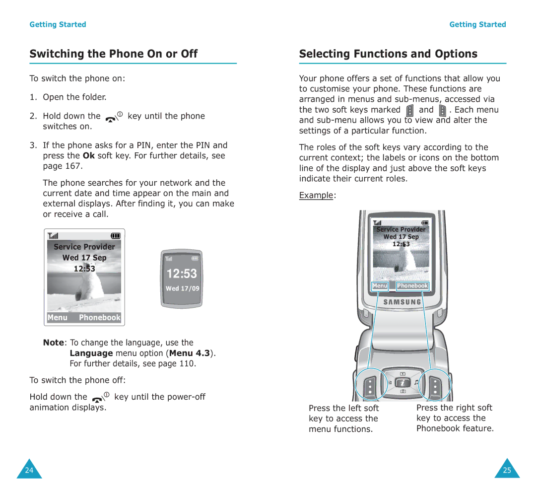 Samsung SGH-E700A manual Switching the Phone On or Off, Selecting Functions and Options 