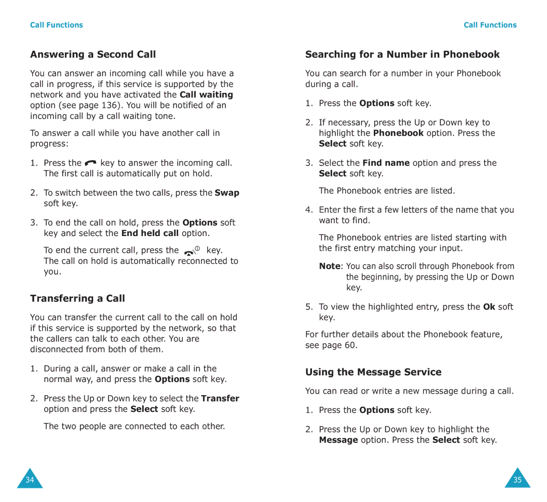 Samsung SGH-E700A manual Answering a Second Call, Transferring a Call, Searching for a Number in Phonebook 