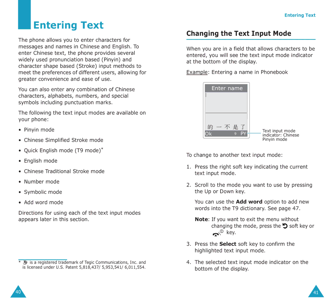 Samsung SGH-E700A manual Entering Text, Changing the Text Input Mode 