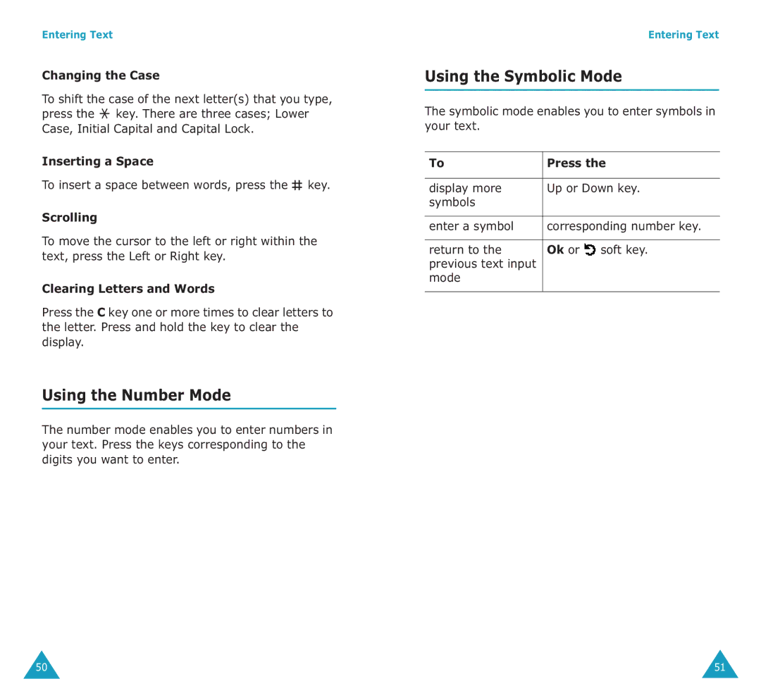 Samsung SGH-E700A manual Using the Number Mode, Using the Symbolic Mode, Inserting a Space, Ok or 