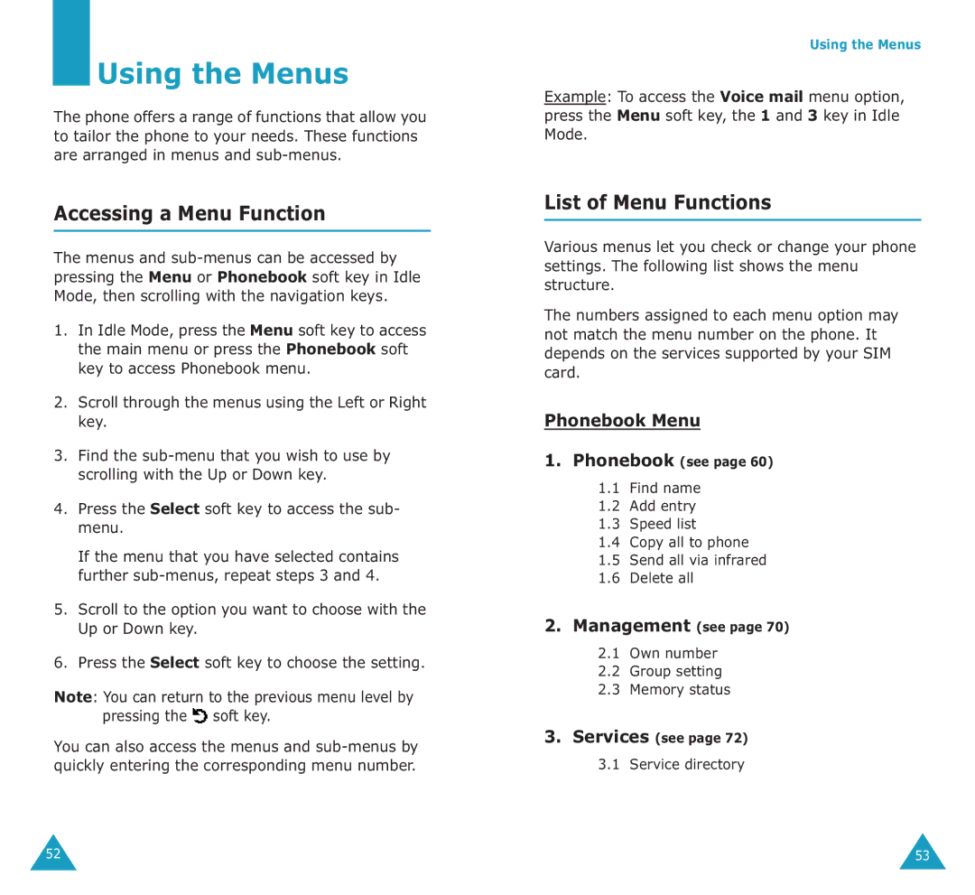 Samsung SGH-E700A manual Using the Menus, Accessing a Menu Function, List of Menu Functions, Phonebook Menu 