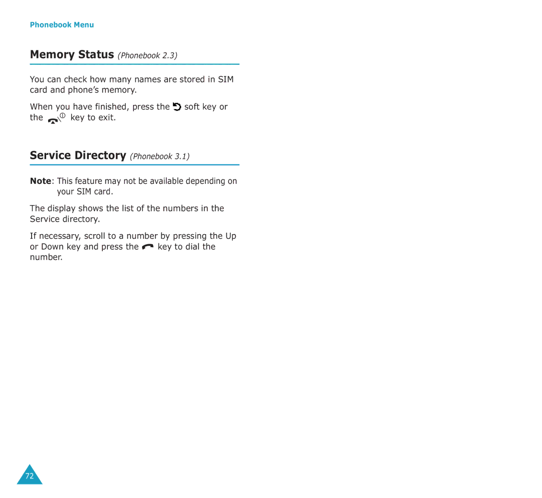 Samsung SGH-E700A manual Service Directory Phonebook, Memory Status Phonebook 