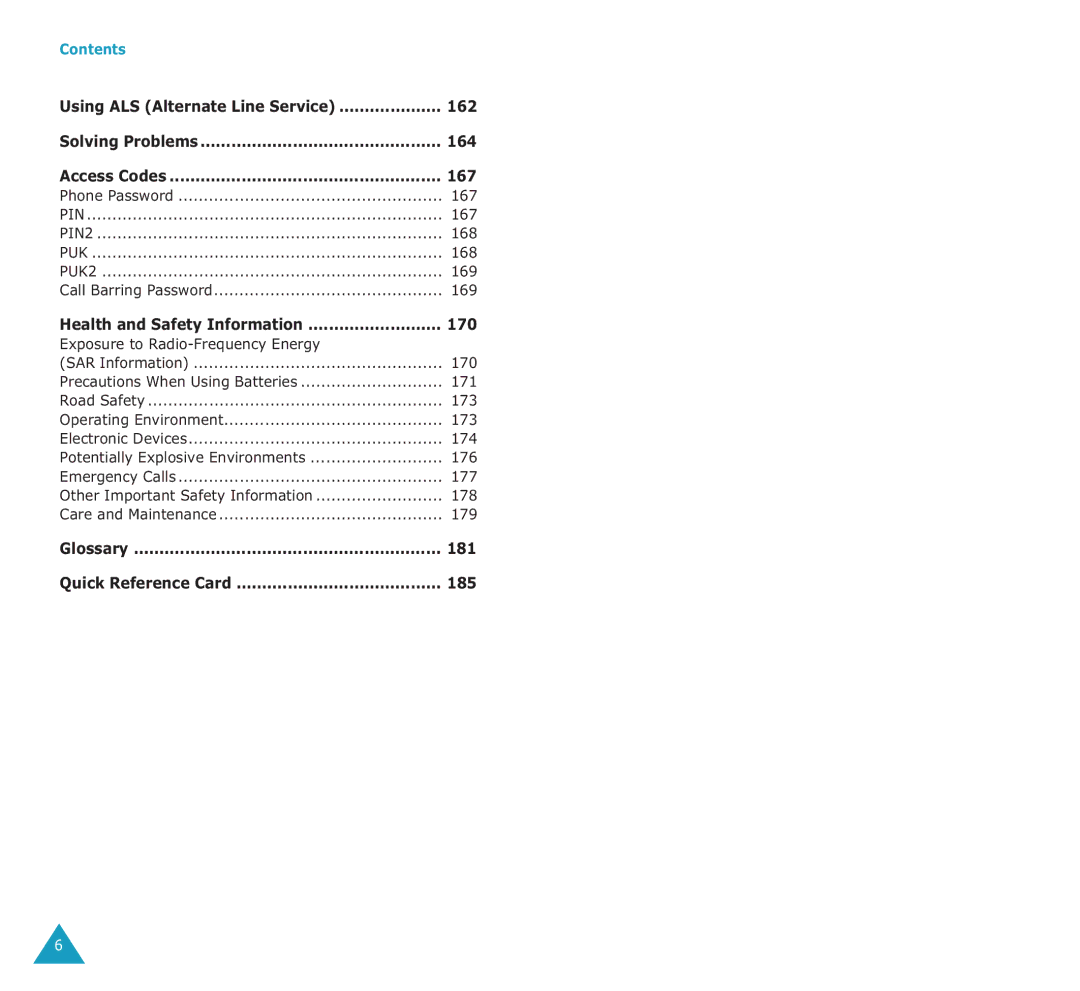 Samsung SGH-E700A manual Glossary 181 Quick Reference Card 185 