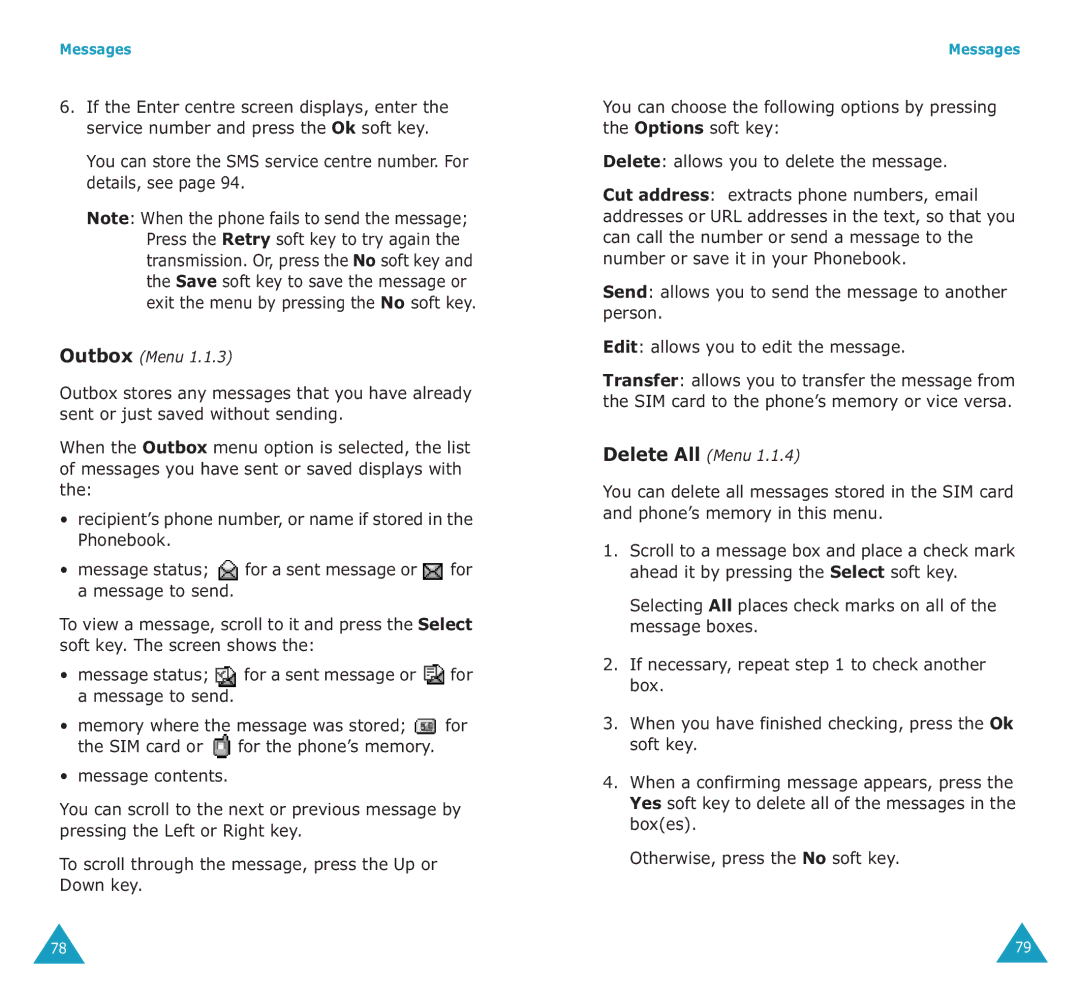 Samsung SGH-E700A manual Outbox Menu, Delete All Menu 