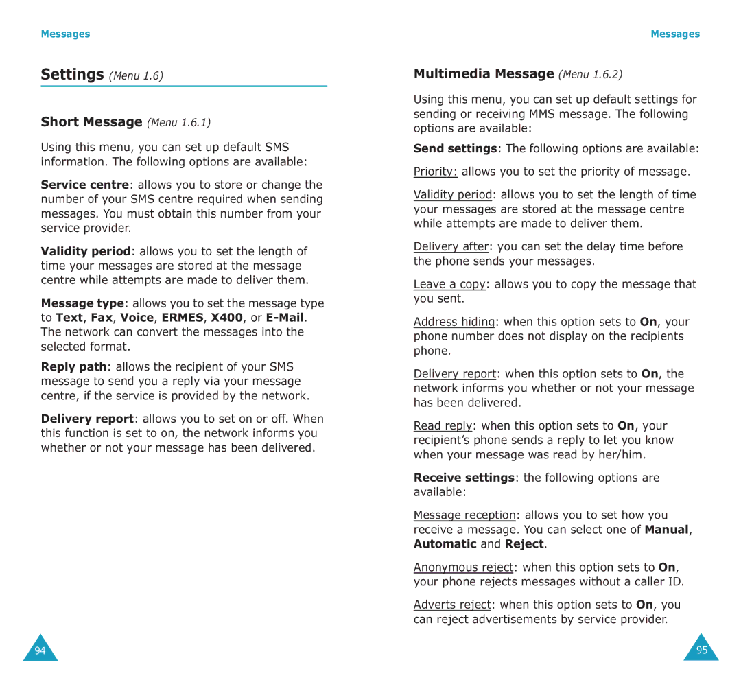 Samsung SGH-E700A manual Short Message Menu, Multimedia Message Menu, Receive settings the following options are available 