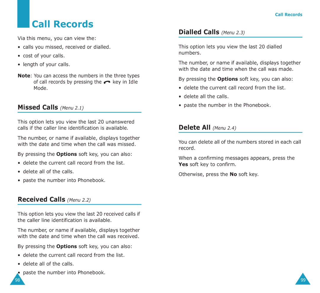 Samsung SGH-E700A manual Call Records, Missed Calls Menu, Received Calls Menu, Dialled Calls Menu, Delete All Menu 