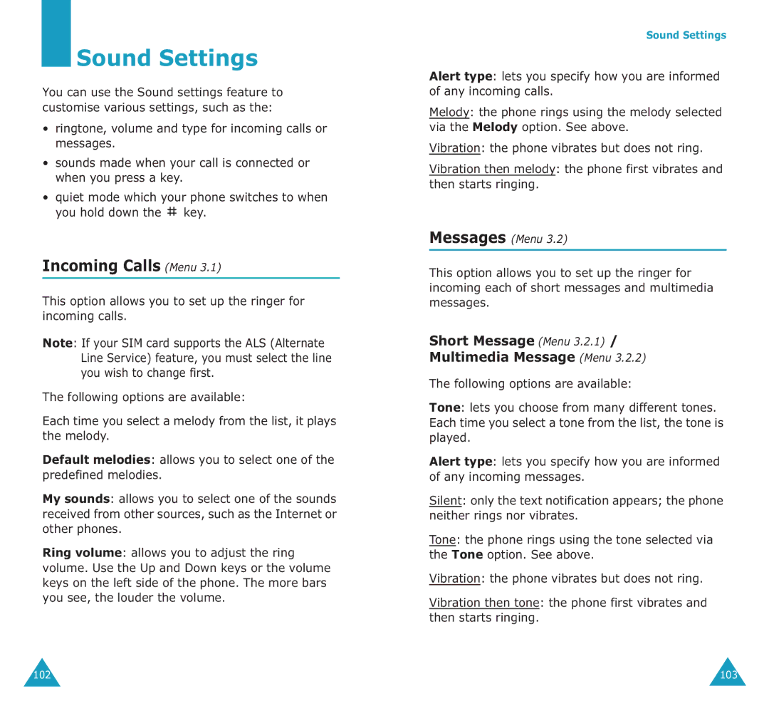 Samsung SGH-E700A manual Sound Settings, Incoming Calls Menu, Short Message Menu Multimedia Message Menu, Messages Menu 