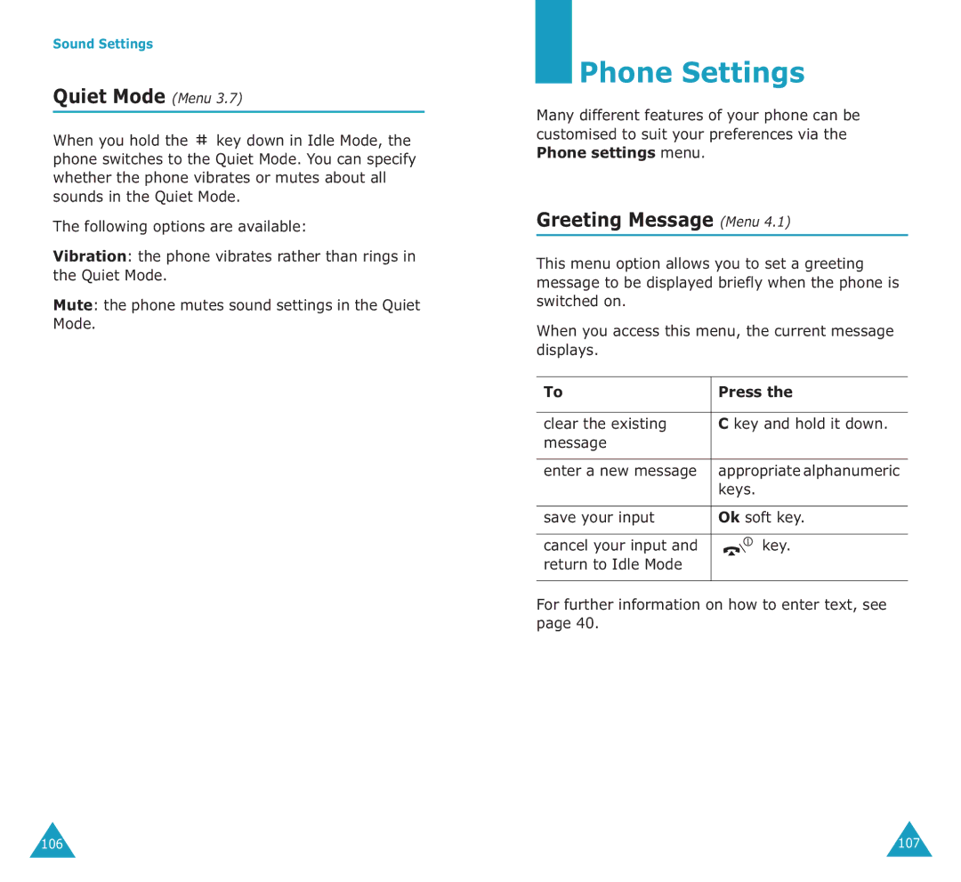 Samsung SGH-E700A manual Phone Settings, Quiet Mode Menu, Greeting Message Menu 