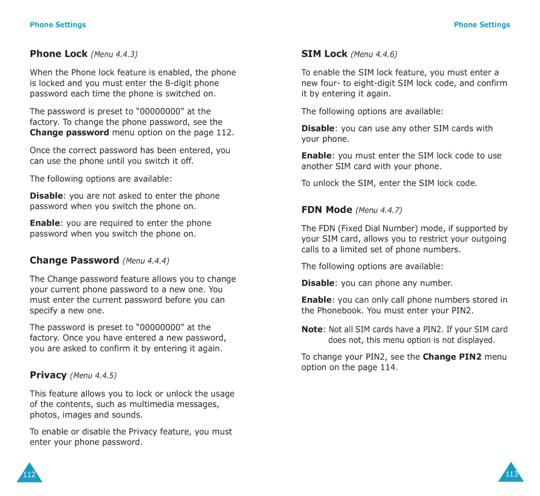 Samsung SGH-E700A manual Change Password Menu, To change your PIN2, see the Change PIN2 menu option on 