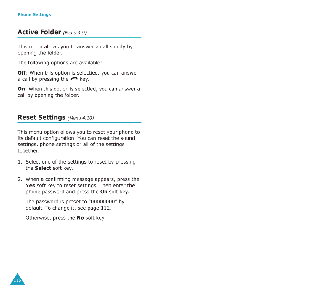 Samsung SGH-E700A manual Active Folder Menu, Reset Settings Menu 