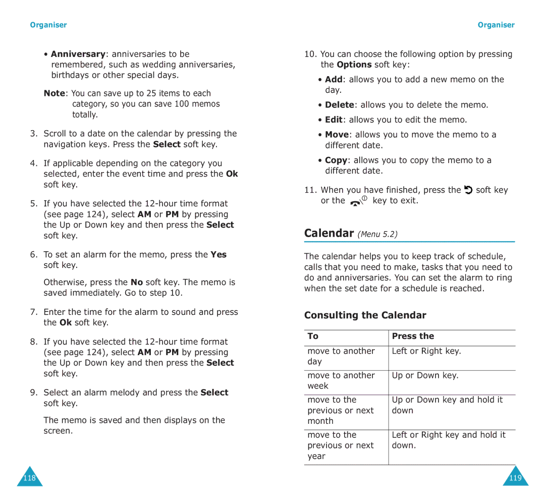 Samsung SGH-E700A manual Consulting the Calendar, Move to another Left or Right key Day Up or Down key Week, Calendar Menu 