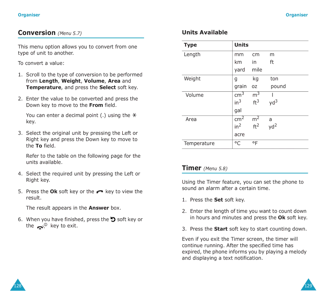 Samsung SGH-E700A manual Conversion Menu, Units Available, Type Units, Press the Start soft key to start counting down 