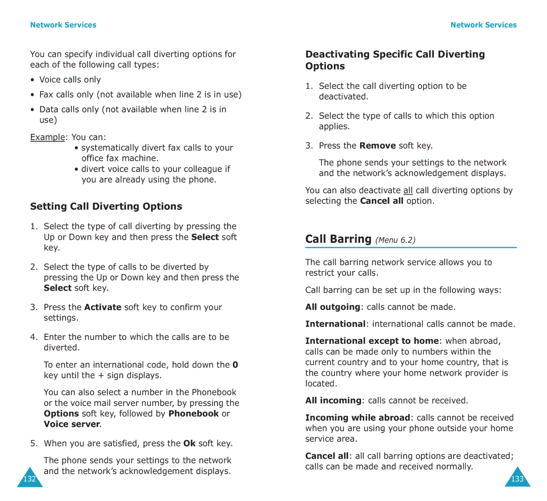 Samsung SGH-E700A manual Call Barring Menu, Setting Call Diverting Options, Deactivating Specific Call Diverting Options 