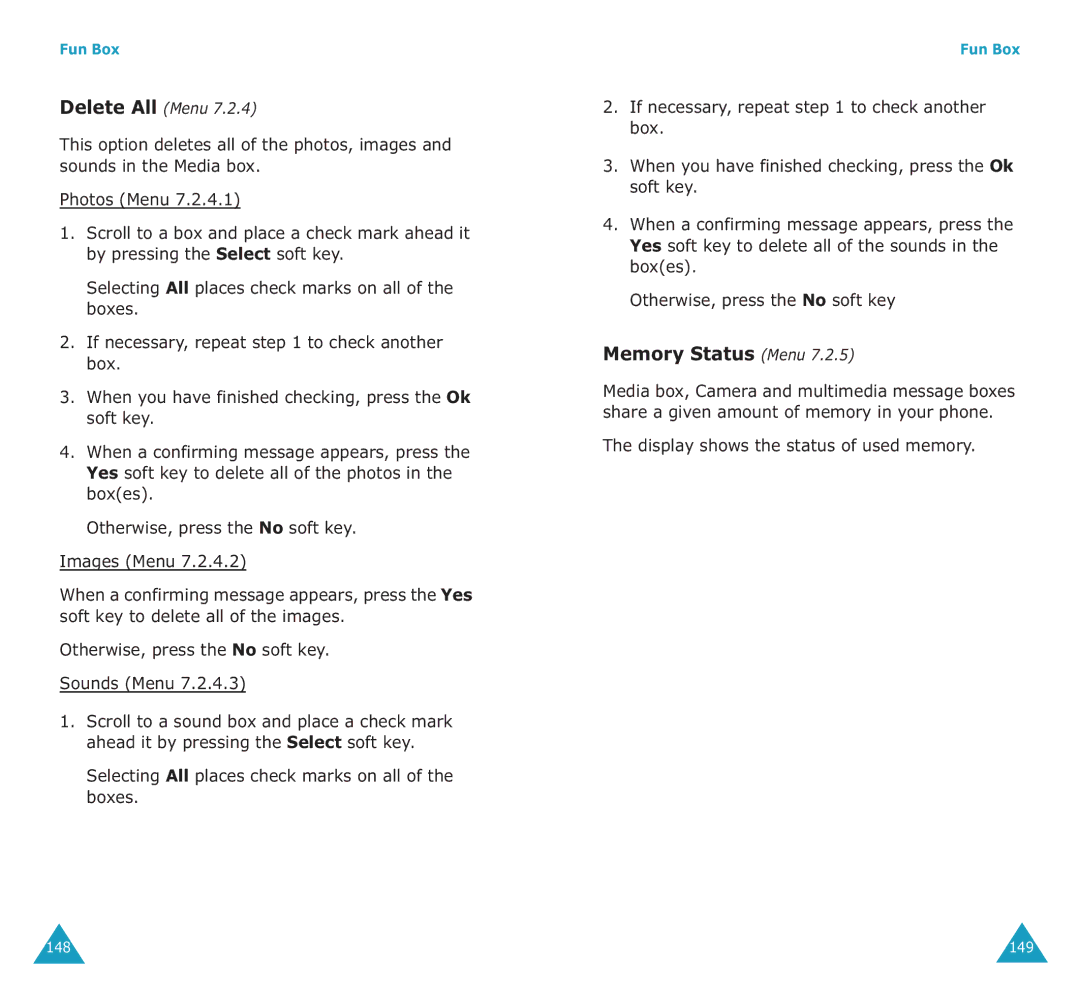 Samsung SGH-E700A manual Memory Status Menu, Delete All Menu 