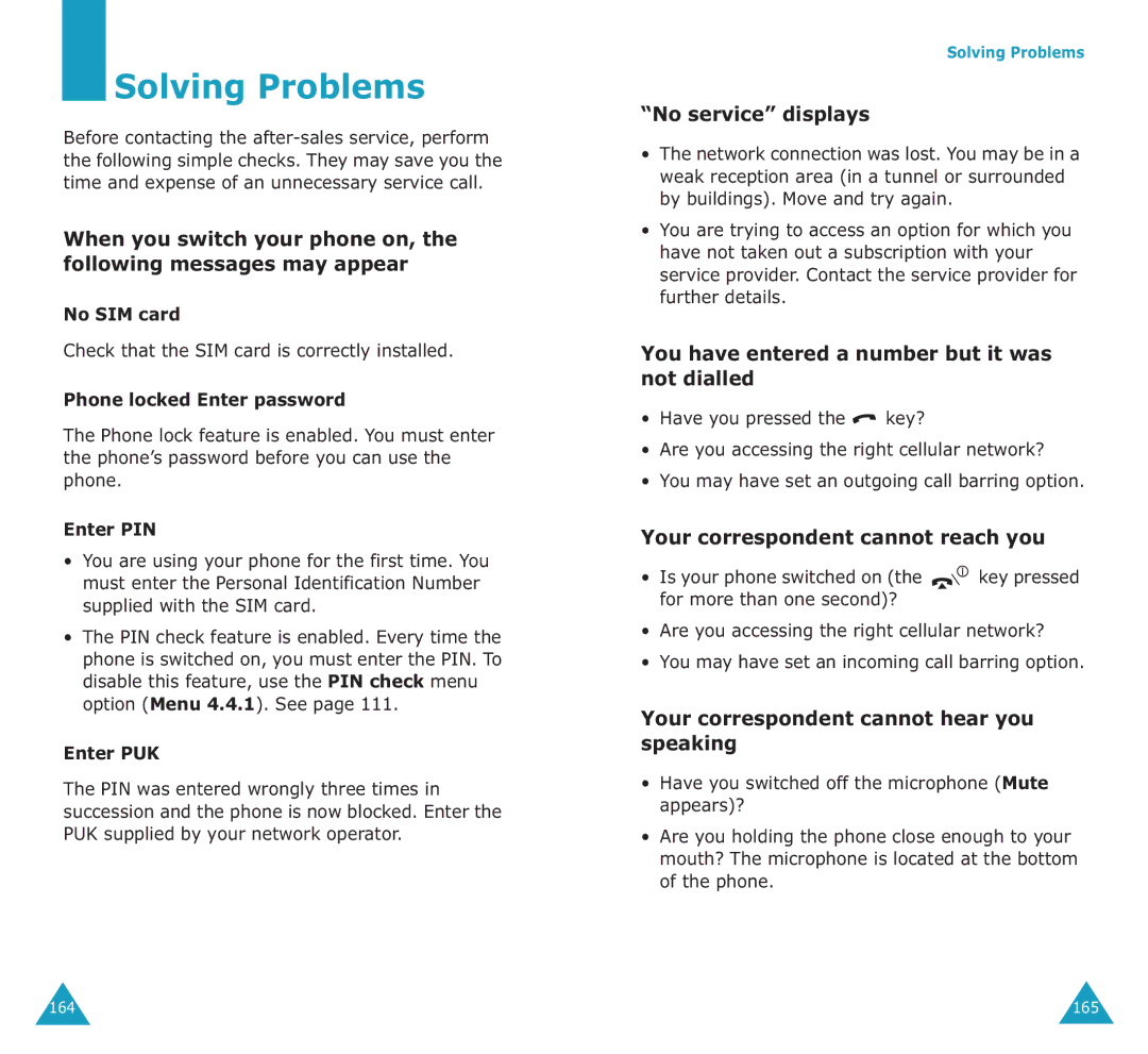 Samsung SGH-E700A manual Solving Problems, No service displays, You have entered a number but it was not dialled 