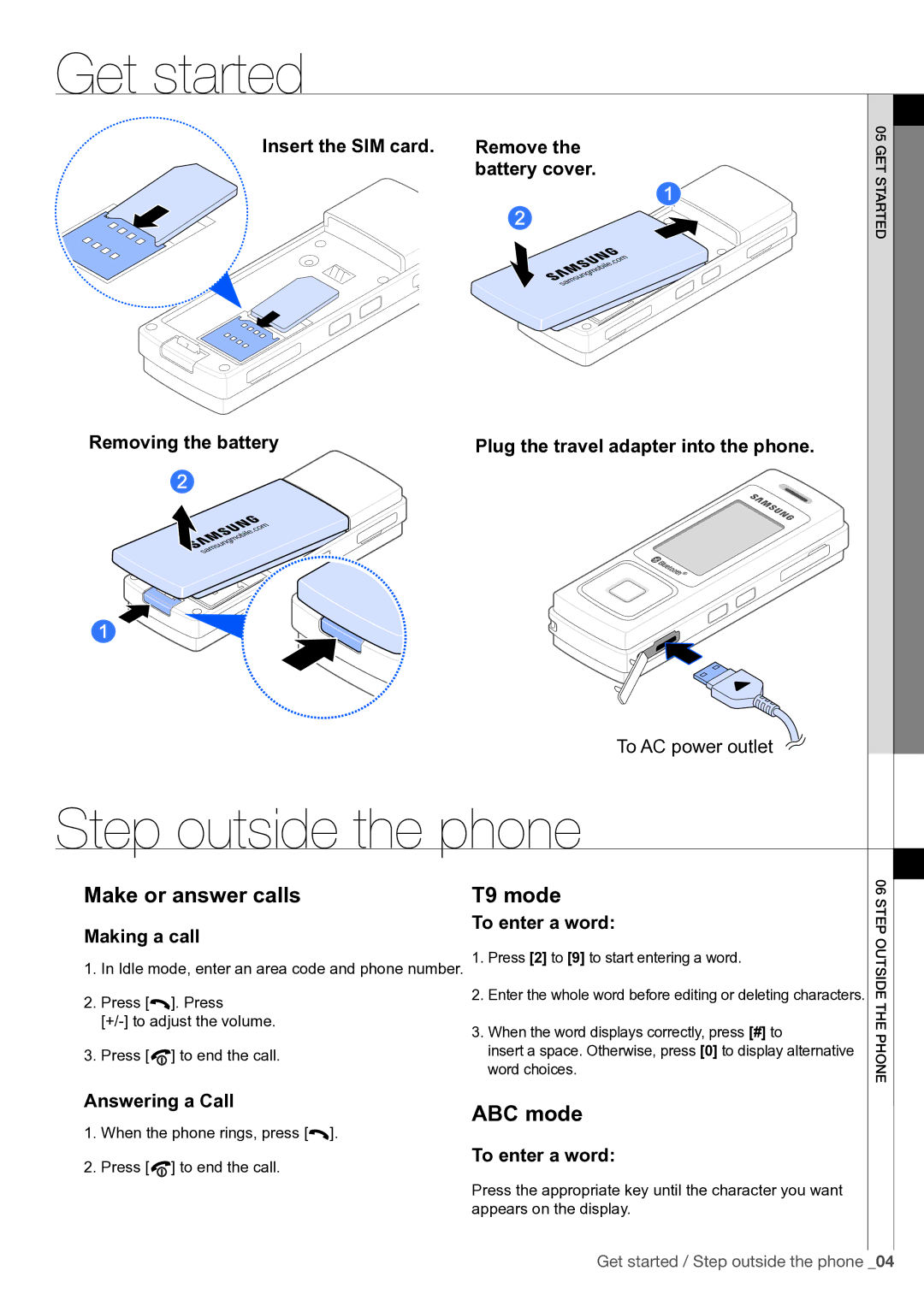 Samsung SGH-F200DBAXET manual Get started, Step outside the phone 