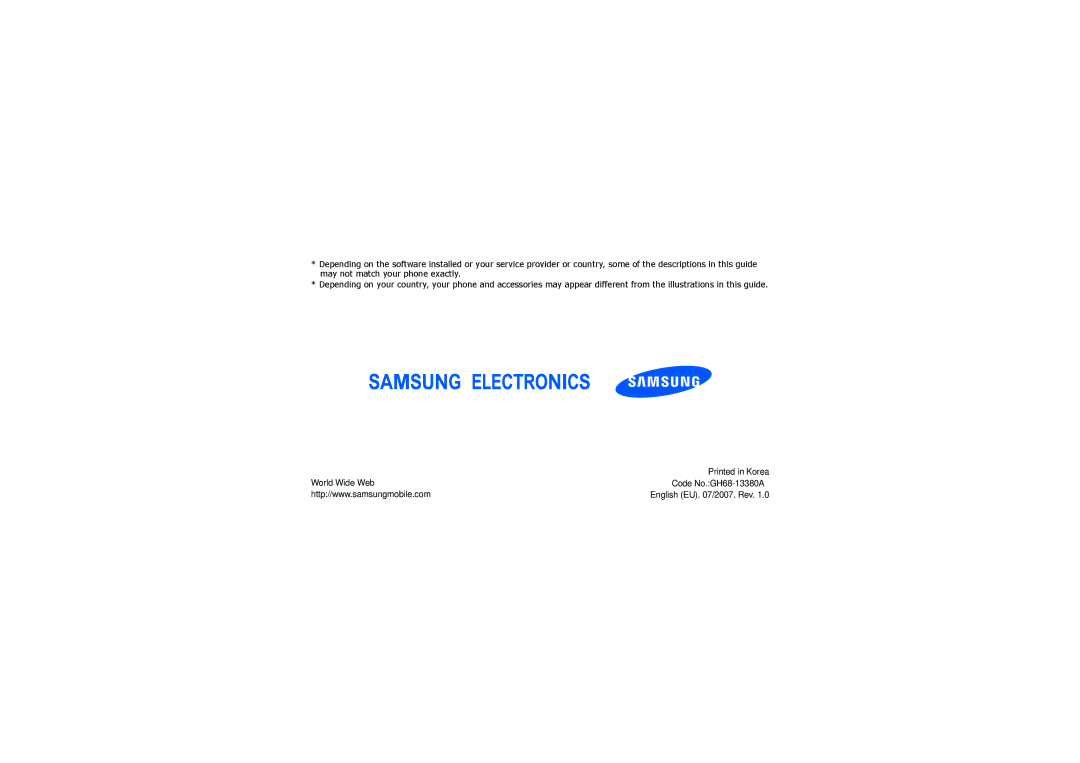 Samsung SGH-F200SIAFOP, SGH-F200GBAFOP, SGH-F200WRAFOP, SGH-F200DBAFOP manual World Wide Web Code No.GH68-13380A 