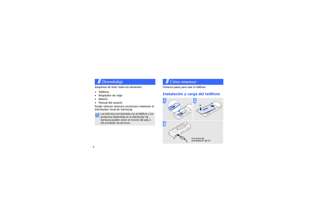 Samsung SGH-F200SIAFOP, SGH-F200GBAFOP, SGH-F200WRAFOP, SGH-F200DBAFOP manual Desembalaje Cómo comenzar 