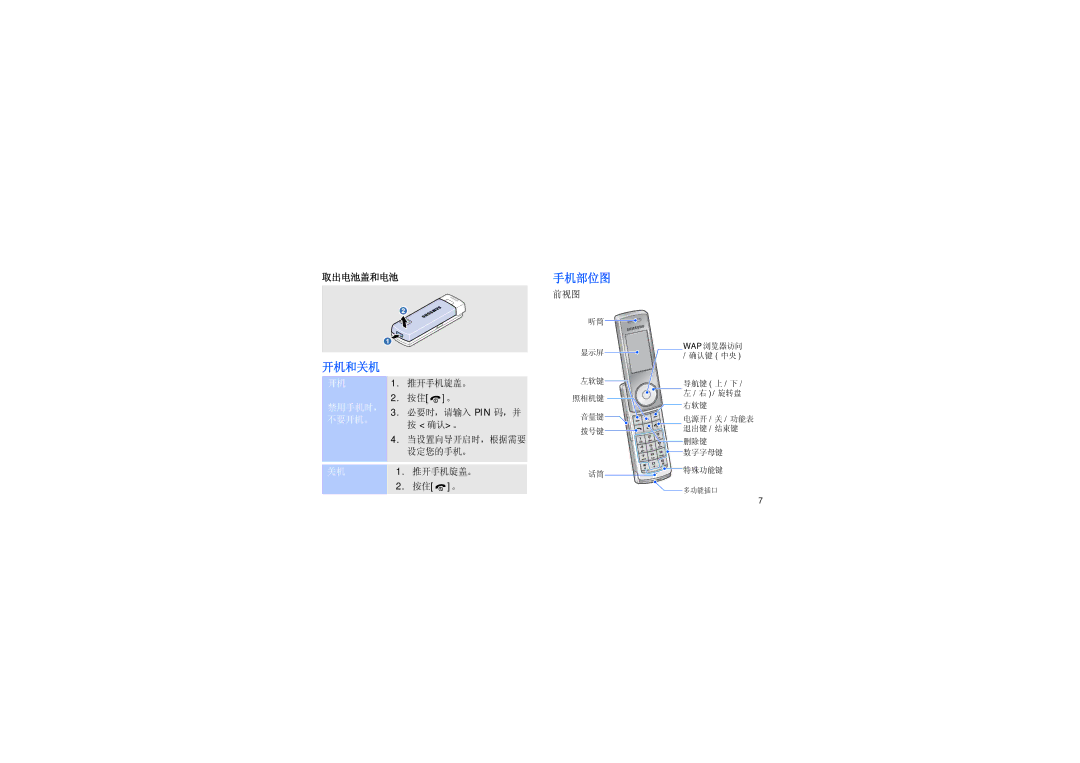 Samsung SGH-F210MBAWST, SGH-F210LVAPAN, SGH-F210MBAPAN manual 开机和关机, 取出电池盖和电池, 手机部位图 前视图, 推开手机旋盖。 按住 。 必要时，请输入 Pin 码，并 按 确认。 