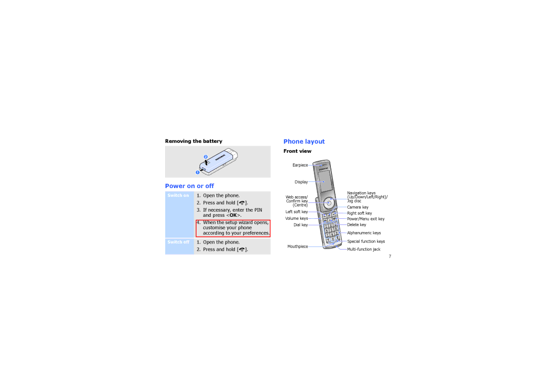 Samsung SGH-F210MBAJED, SGH-F210MBATHR, SGH-F210MBAABS manual Power on or off, Phone layout, Removing the battery, Front view 