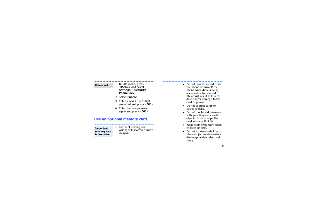 Samsung SGH-F210MBAFWD, SGH-F210MBAJED, SGH-F210MBATHR manual Use an optional memory card, Settings → Security →, Phone lock 