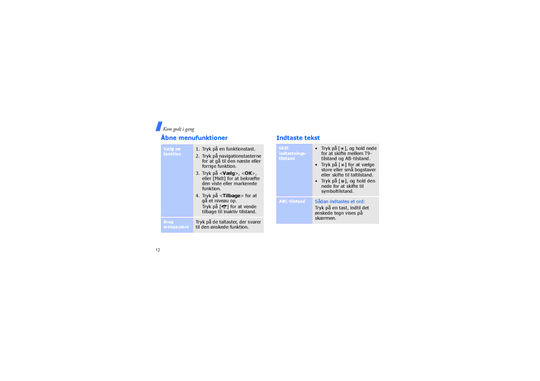 Samsung SGH-F210MBAXEU, SGH-F210MBAXEE manual Åbne menufunktioner, Indtaste tekst 