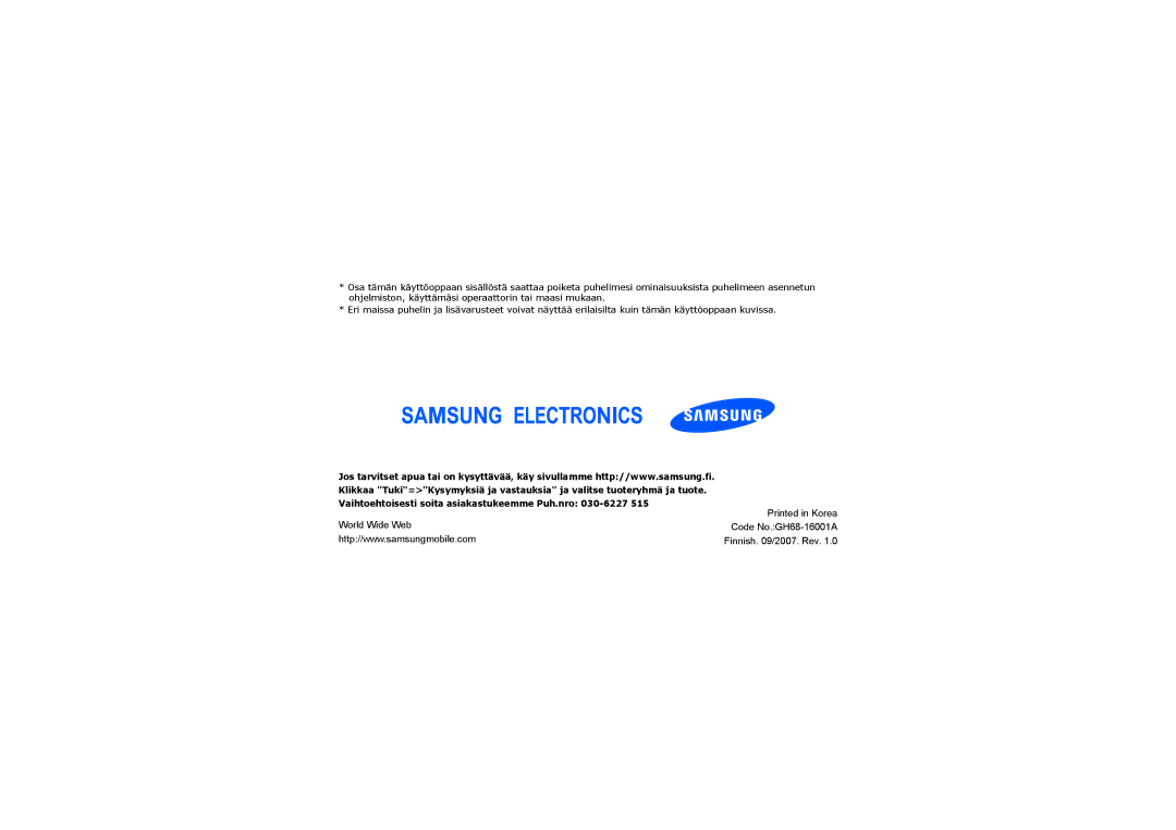 Samsung SGH-F210MBAXEU, SGH-F210MBAXEE manual World Wide Web Code No.GH68-16001A Finnish /2007. Rev 