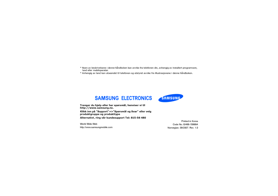 Samsung SGH-F210MBAXEU, SGH-F210MBAXEE manual World Wide Web Code No.GH68-15999A Norwegian /2007. Rev 