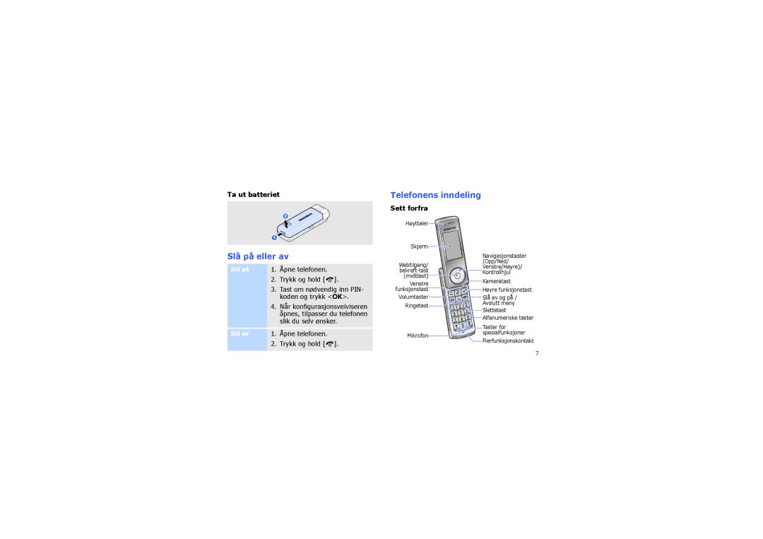 Samsung SGH-F210MBAXEE, SGH-F210MBAXEU manual Slå på eller av, Telefonens inndeling, Ta ut batteriet, Sett forfra 