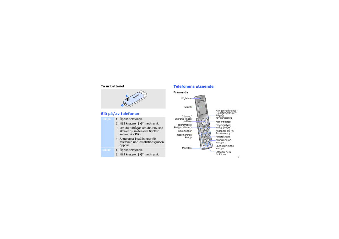 Samsung SGH-F210MBAXEE, SGH-F210MBAXEU manual Telefonens utseende, Slå på/av telefonen, Ta ur batteriet, Framsida 