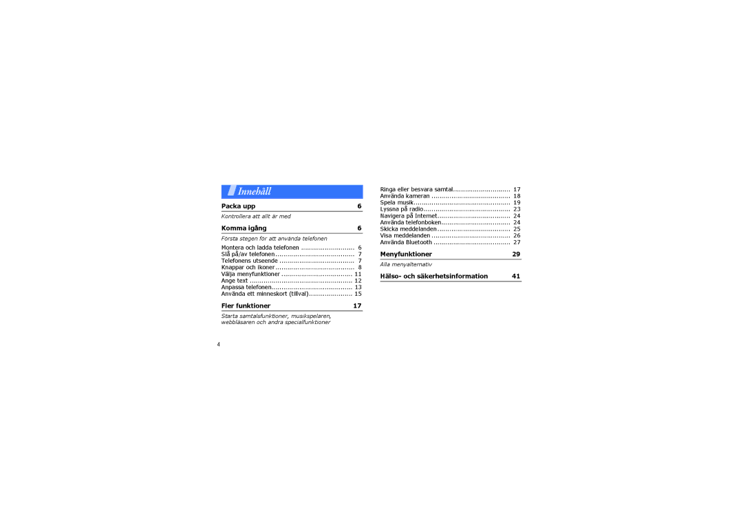 Samsung SGH-F210MBAXEU, SGH-F210MBAXEE manual Menyfunktioner, Hälso- och säkerhetsinformation 