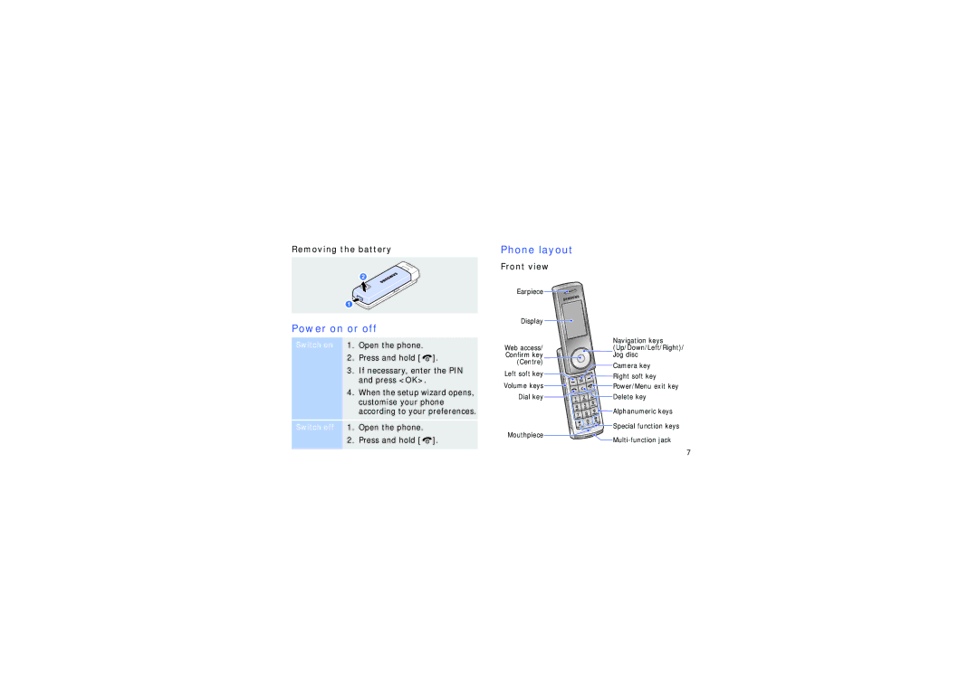 Samsung SGH-F210MBATHR, SGH-F210MBAXEF, SGH-F210RIAXEF manual Power on or off, Phone layout, Removing the battery, Front view 