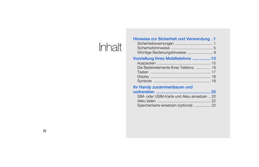 Samsung SGH-F480PWIDTM, SGH-F480ESIDTM, SGH-F480ESZDTM manual Inhalt, Hinweise zur Sicherheit und Verwendung 