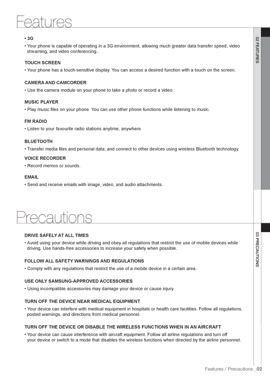 Samsung SGH-F480ESIDTM, SGH-F480PWIDTM, SGH-F480ESZDTM manual Features, Precautions 