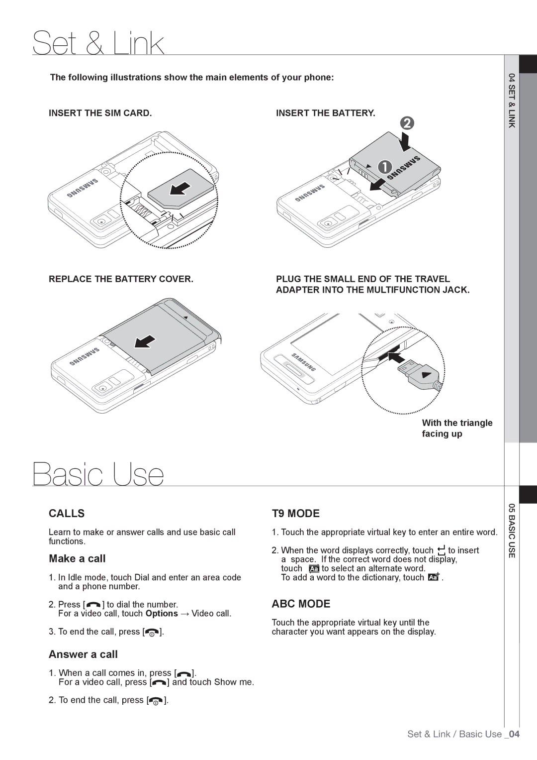 Samsung SGH-F480ESZDTM, SGH-F480ESIDTM, SGH-F480PWIDTM manual Set & Link, Basic Use 