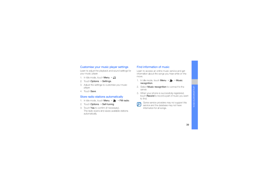 Samsung SGH-F480PWIDTM Customise your music player settings, Store radio stations automatically, Find information of music 