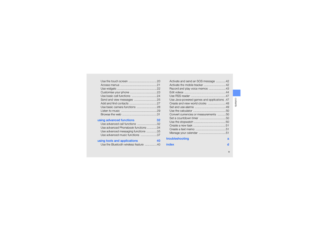 Samsung SGH-F480ESZDTM, SGH-F480ESIDTM, SGH-F480PWIDTM manual Troubleshooting Index 