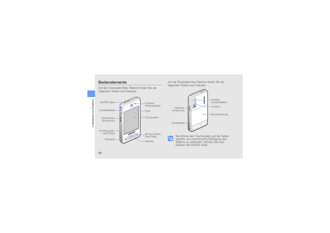 Samsung SGH-F480PWIDTM, SGH-F480ESIDTM, SGH-F480ESZDTM manual Bedienelemente 