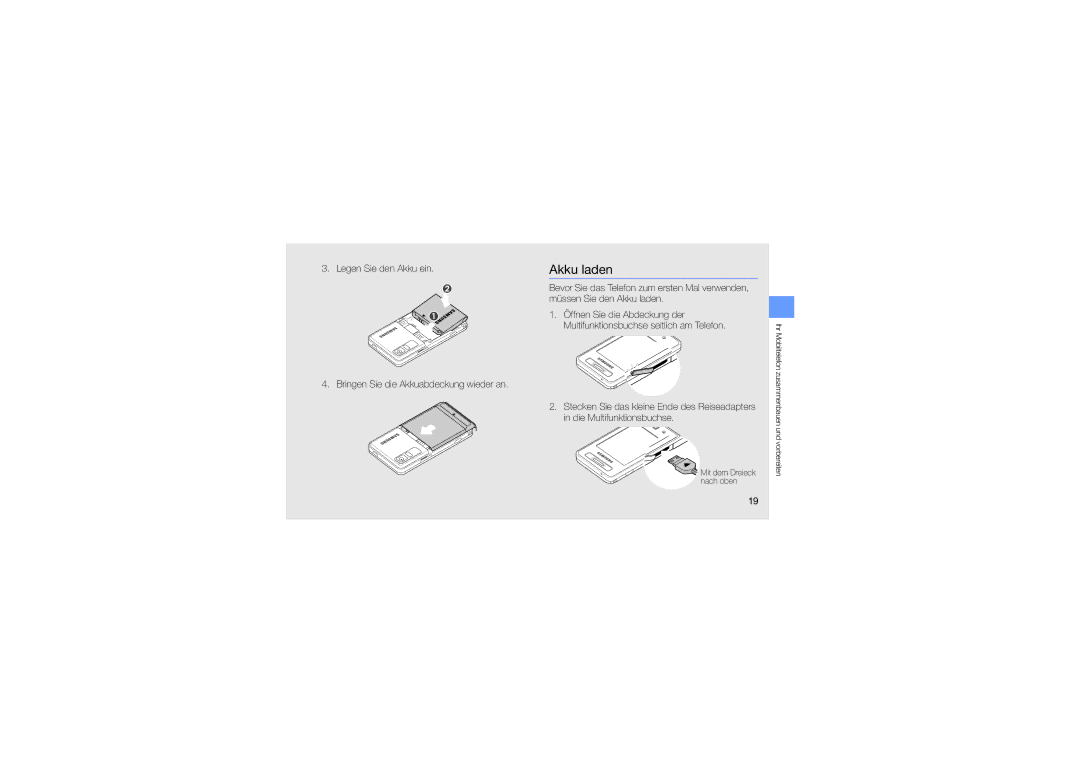 Samsung SGH-F480ESZDTM, SGH-F480ESIDTM, SGH-F480PWIDTM manual Akku laden 