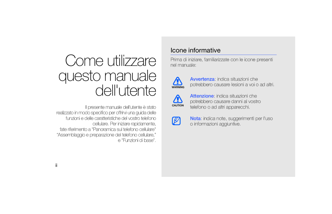 Samsung SGH-F490ZKAITV, SGH-F490DBAITV, SGH-F490WRAITV Come utilizzare questo manuale dellutente, Icone informative 