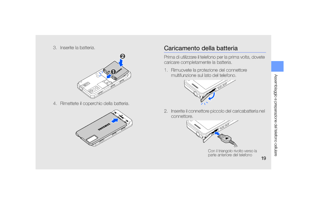 Samsung SGH-F490HAAITV, SGH-F490DBAITV, SGH-F490WRAITV, SGH-F490ZKAITV manual Caricamento della batteria 