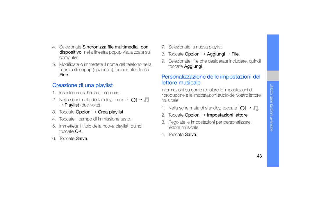 Samsung SGH-F490HAAITV manual Creazione di una playlist, Personalizzazione delle impostazioni del lettore musicale 