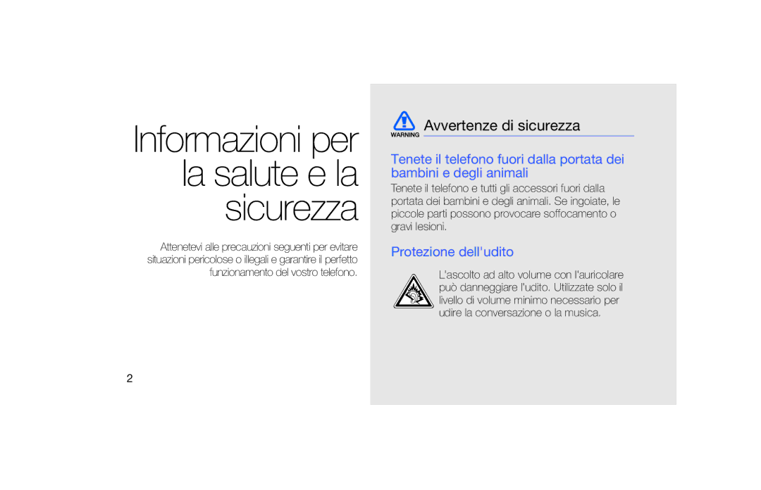 Samsung SGH-F490ZKAITV, SGH-F490DBAITV, SGH-F490WRAITV, SGH-F490HAAITV manual Avvertenze di sicurezza, Protezione delludito 