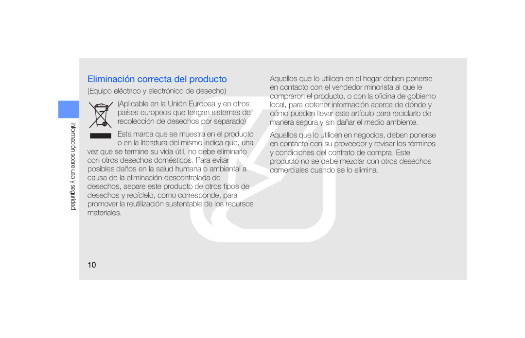 Samsung SGH-F490HAAFOP, SGH-F490WRAFOP manual Eliminación correcta del producto, Equipo eléctrico y electrónico de desecho 