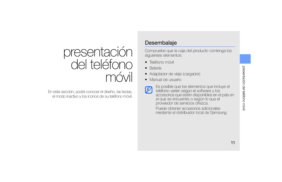 Samsung SGH-F490WRAFOP, SGH-F490DBAFOP, SGH-F490HAAFOP manual Presentación del teléfono móvil, Desembalaje 